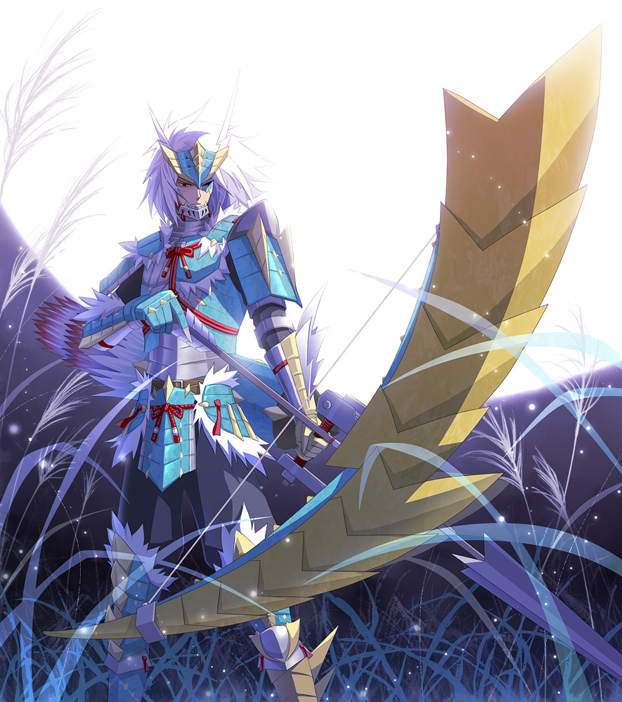 arrow, bow_(weapon), full_moon, jinouga_(armor), male, monster_hunter, monster_hunter_portable_3rd, moon, night, quiver, weapon, white_hair, yaya_(tempering)