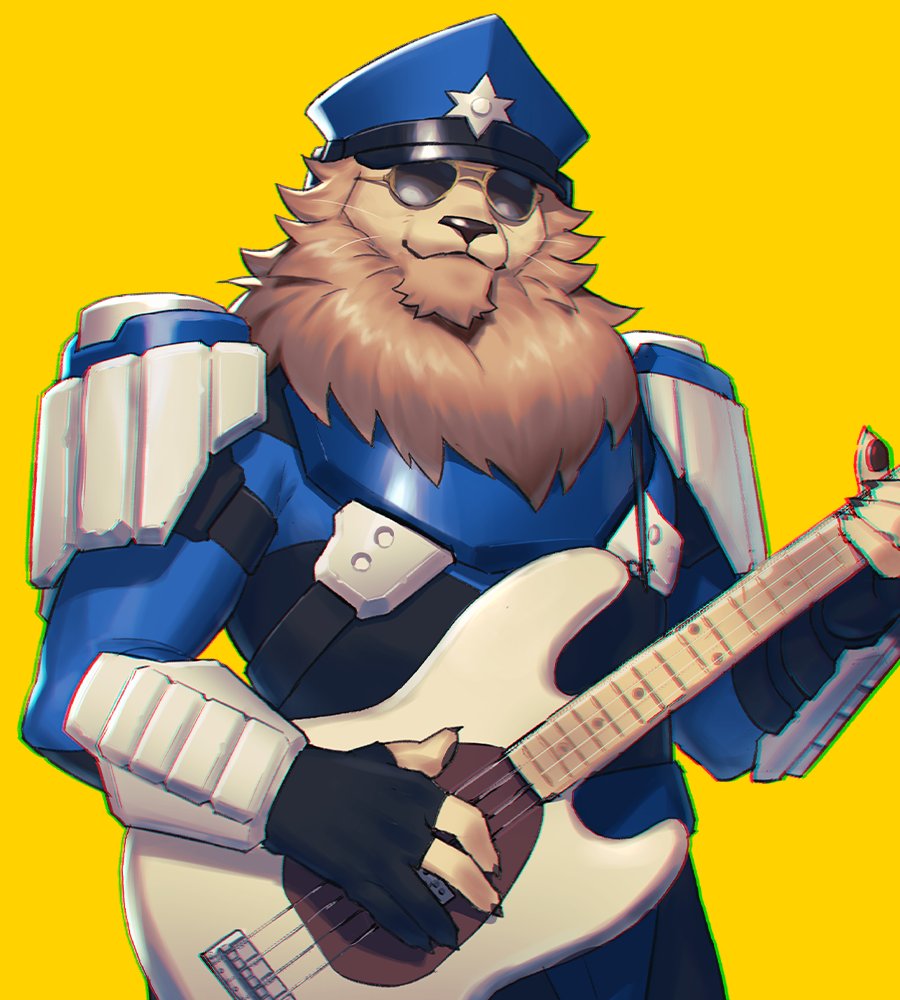 1boy, animal_ears, bass_guitar, black_gloves, claws, closed_mouth, commander_meouch, english_commentary, facing_viewer, fingerless_gloves, furry, furry_male, gloves, holding, holding_bass_guitar, holding_instrument, instrument, lion_boy, lion_ears, lion_mane, male_focus, pawpads, smile, sunglasses, tinted_eyewear, tupper_ware_remix_party_(twrp), whiskers, yellow_background, yow