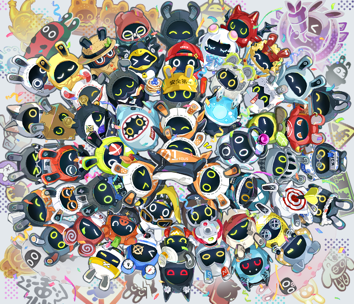 >_<, =_=, ^_^, agent_gulliver_(zenless_zone_zero), amillion_(zenless_zone_zero), animal_ear_fluff, asaba_harumasa, asaboo_(zenless_zone_zero), avocaboo_(zenless_zone_zero), baddieboo_(zenless_zone_zero), bagboo_(zenless_zone_zero), bangboo_(zenless_zone_zero), bangboo_18_(zenless_zone_zero), bangboo_20_(zenless_zone_zero), bangboo_6_(zenless_zone_zero), bangvolver_(zenless_zone_zero), belion_(zenless_zone_zero), boollseye_(zenless_zone_zero), booressure_(zenless_zone_zero), brawlerboo_(zenless_zone_zero), butler_(zenless_zone_zero), character_request, check_character, closed_eyes, commentary_request, confetti, crispyboo_(zenless_zone_zero), cryboo_(zenless_zone_zero), devilboo_(zenless_zone_zero), ears_through_headwear, electroboo_(zenless_zone_zero), eous_(zenless_zone_zero), everyone, exploreboo_(zenless_zone_zero), food, glasses, golden_bangboo, hat, hoshimi_miyabi, knightboo_(zenless_zone_zero), leverboo_(zenless_zone_zero), luckyboo_(zenless_zone_zero), magnetiboo_(zenless_zone_zero), miss_esme_(zenless_zone_zero), miyaboo_(zenless_zone_zero), monocle, no_humans, one_eye_covered, overtimeboo_(zenless_zone_zero), paperboo_(zenless_zone_zero), penguinboo_(zenless_zone_zero), platinum_bangboo, plugboo_(zenless_zone_zero), red_moccus_(zenless_zone_zero), resonaboo_(zenless_zone_zero), robin_(zenless_zone_zero), rocketboo_(zenless_zone_zero), run_(yukatokabe), safety_(zenless_zone_zero), securityboo_(zenless_zone_zero), sharkboo_(zenless_zone_zero), simple_background, snap_(zenless_zone_zero), soukaboo_(zenless_zone_zero), soukaku_(zenless_zone_zero), streamers, sumoboo_(zenless_zone_zero), u_u, zenless_zone_zero