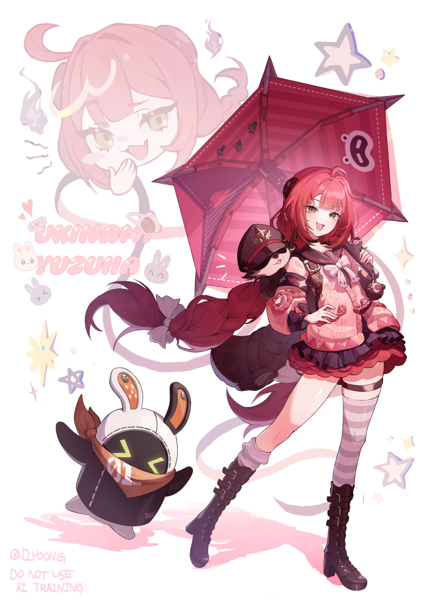 1girl, :d, absurdres, animal_on_shoulder, bangboo_(zenless_zone_zero), black_boots, black_skirt, boots