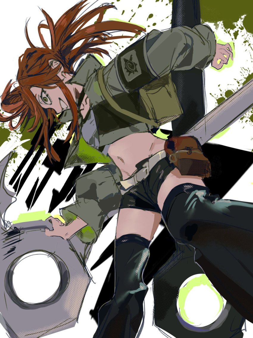 1girl, bag, belt, belt_pouch, black_shorts, black_thighhighs, choker, crop_top, gachiakuta, green_eyes, highres, jacket, looking_to_the_side, medium_hair, midriff, navel, open_mouth, pouch, red_hair, rise_06160, riyo_reaper, scissors, shorts, smile, solo, teeth, thigh-highs, white_background