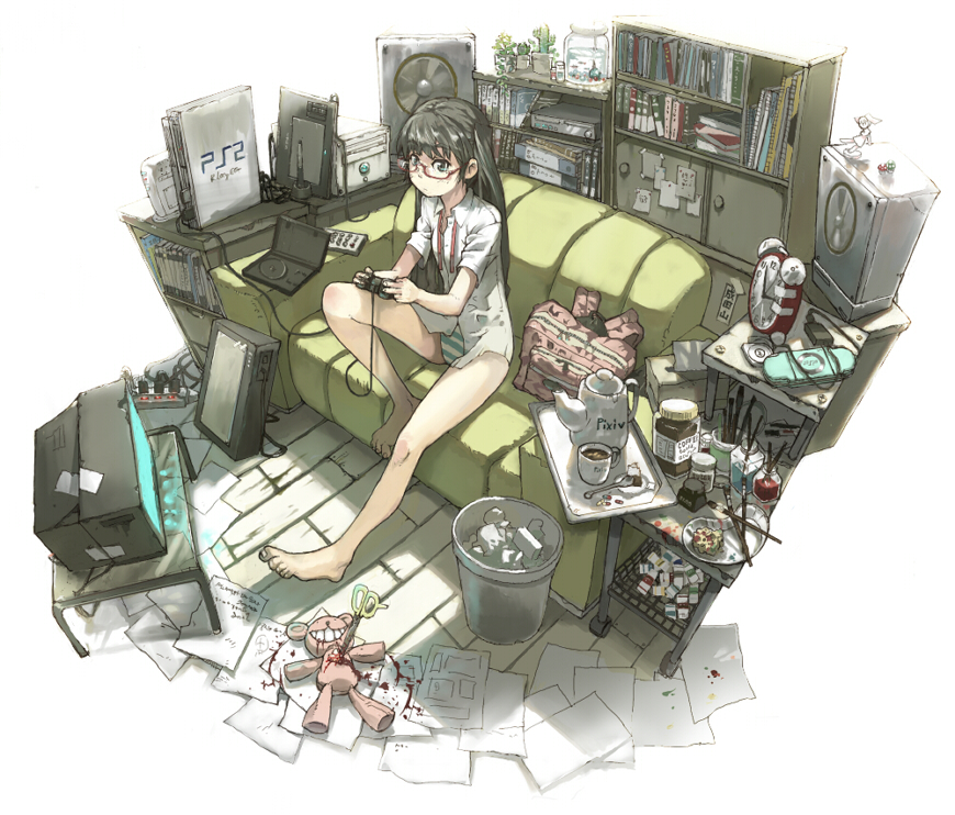 barefoot, black_hair, blood, blue_eyes, book, bookshelf, cactus, clock, clothes_removed, container, controller, couch, crt, cup, glasses, glowing, imoman, interior, keep_case, long_hair, no_pants, original, paintbrush, panties, paper, pixiv, playstation_2, playstation_portable, power_strip, psp, room, scissors, sitting, solo, speaker, spoon, striped, striped_panties, stuffed_animal, stuffed_toy, table, tablet, teacup, teapot, teddy_bear, television, trash, trashcan, tray, underwear, undressed, untied
