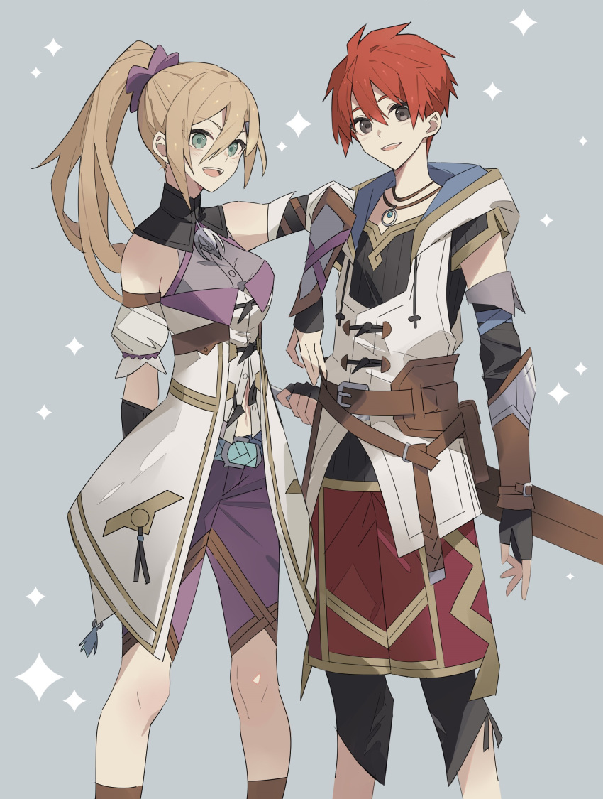 1boy, 1girl, absurdres, adol_christin, blonde_hair, breasts, detached_sleeves, double-parted_bangs