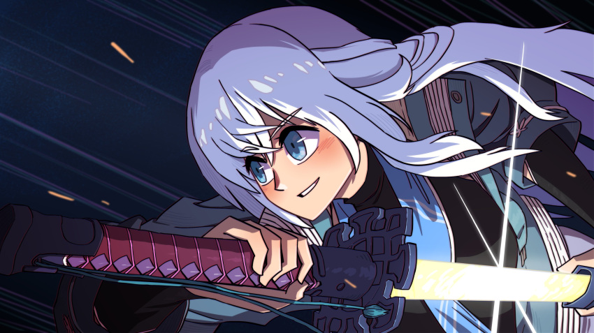 1girl, absurdres, blue_eyes, blue_necktie, coat, crossed_bangs, double-parted_bangs, eiyuu_densetsu, english_commentary, glowing, glowing_sword, glowing_weapon, grin, half_updo, highres, holding, holding_sword, holding_weapon, kai_no_kiseki, katana, kuro_no_kiseki_(series), loose_necktie, necktie, pommel_tassel, shizuna_rem_misurugi, sidelocks, smile, solo, sword, weapon, white_hair, zephyrrr_25