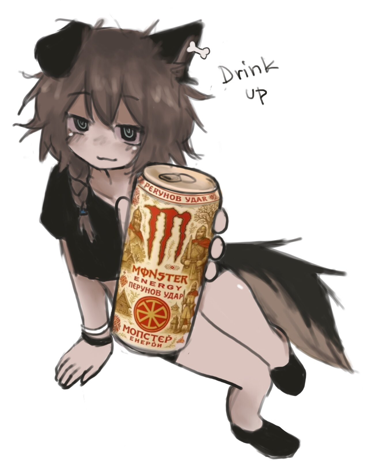 1girl, :3, animal_ears, black_eyes, blue_sky, bone_ornament, bracelet, braid