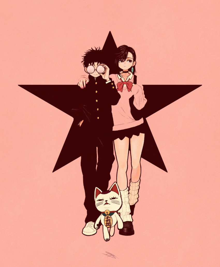1boy, 1girl, arm_around_shoulder, ayase_momo, bag, black_hair, bow, bowtie, choker, dandadan, earrings, gakuran, glasses, gyaru, highres, jewelry, kami_high_school_uniform, maneki-neko, pink_background, pink_sweater, school_uniform, shoes, short_hair, simple_background, skirt, socks, star_(symbol), sweater, syooooyoooo, takakura_ken_(dandadan), turbo_granny_(dandadan), walking, white_shoes, white_socks