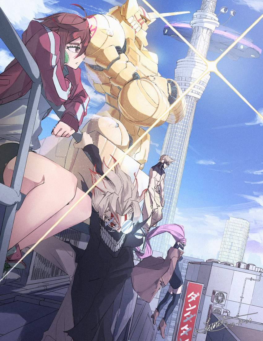 absurdres, acrobatic_silky_(dandadan), ayase_momo, bare_shoulders, boots, brown_boots, brown_hair, city, clouds, coat, daichim_lem, dandadan, dress, enjoji_jin, evil_eye_(dandadan), gakuran, glasses, highres, jacket, long_hair, looking_ahead, mask, mecha, medium_hair, mouth_mask, multicolored_hair, muscular, muscular_male, pink_hair, red_eyes, red_hair, robot, round_eyewear, sakata_kinta, school_uniform, shiratori_aira_(dandadan), shirt, short_hair, shorts, sky, sweater, takakura_ken_(dandadan), takakura_ken_(transformed)_(dandadan), thigh-highs, tower, turtleneck, turtleneck_dress, turtleneck_sweater, two-tone_hair, ufo, very_long_hair, white_hair, white_shirt