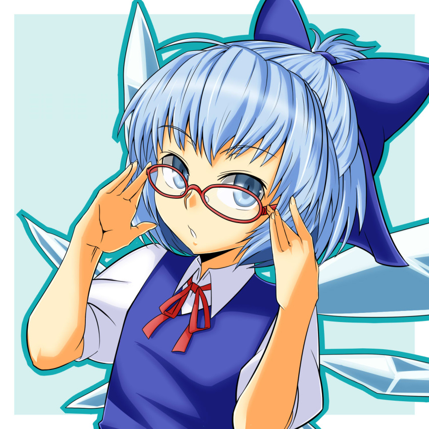 adjusting_glasses, bespectacled, blue_eyes, blue_hair, bow, cirno, dress, face