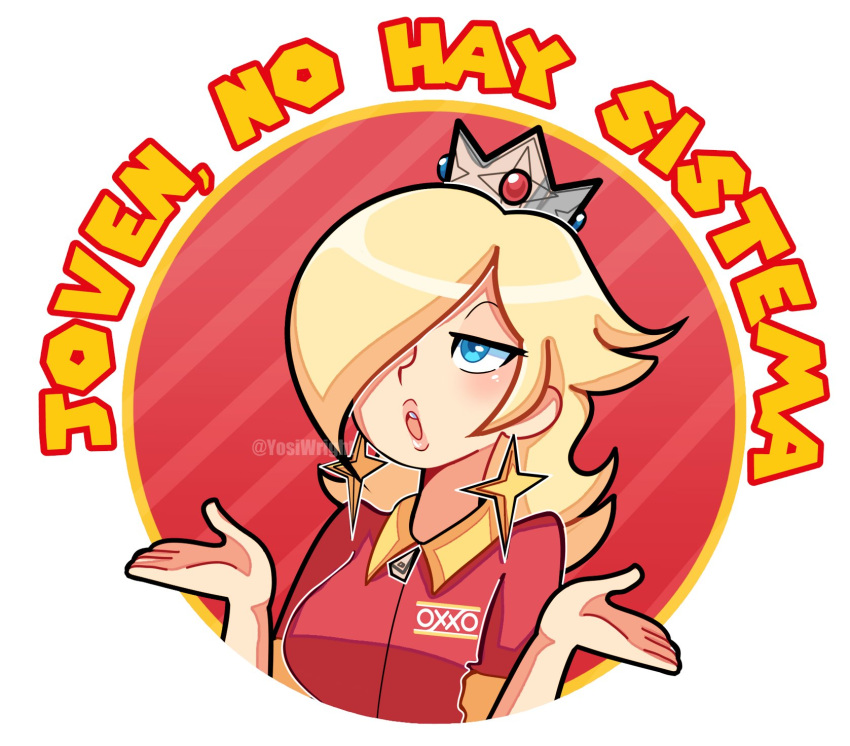 1girl, blonde_hair, blue_eyes, collared_shirt, crown, earrings, hair_over_one_eye, highres