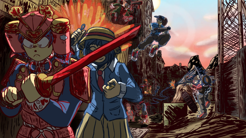 aioi_yuuko, amemiya-san_(arawi_keiichi), armor, blood, city_(arawi_keiichi), explosion, gun, highres, izumi_wako, japanese_armor, kunai, minakami_mai, naganohara_mio, nagumo_midori, nahmona, nichijou, obaba_(city), rifle, sakamoto_(nichijou), shinonome_nano, sniper_rifle, sword, team_fortress_2, weapon