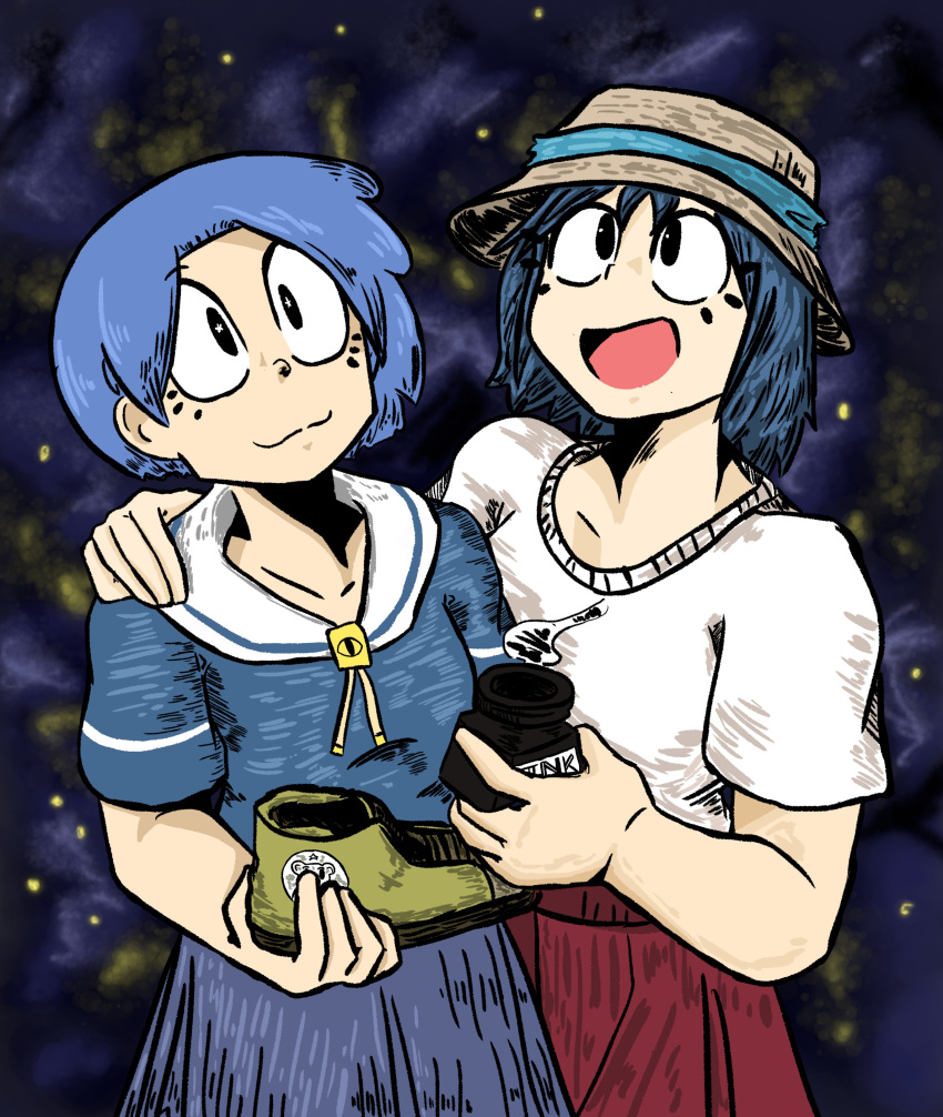 2girls, absurdres, amemiya-san_(arawi_keiichi), blue_hair, city_(arawi_keiichi), clouds, eyelashes, hat