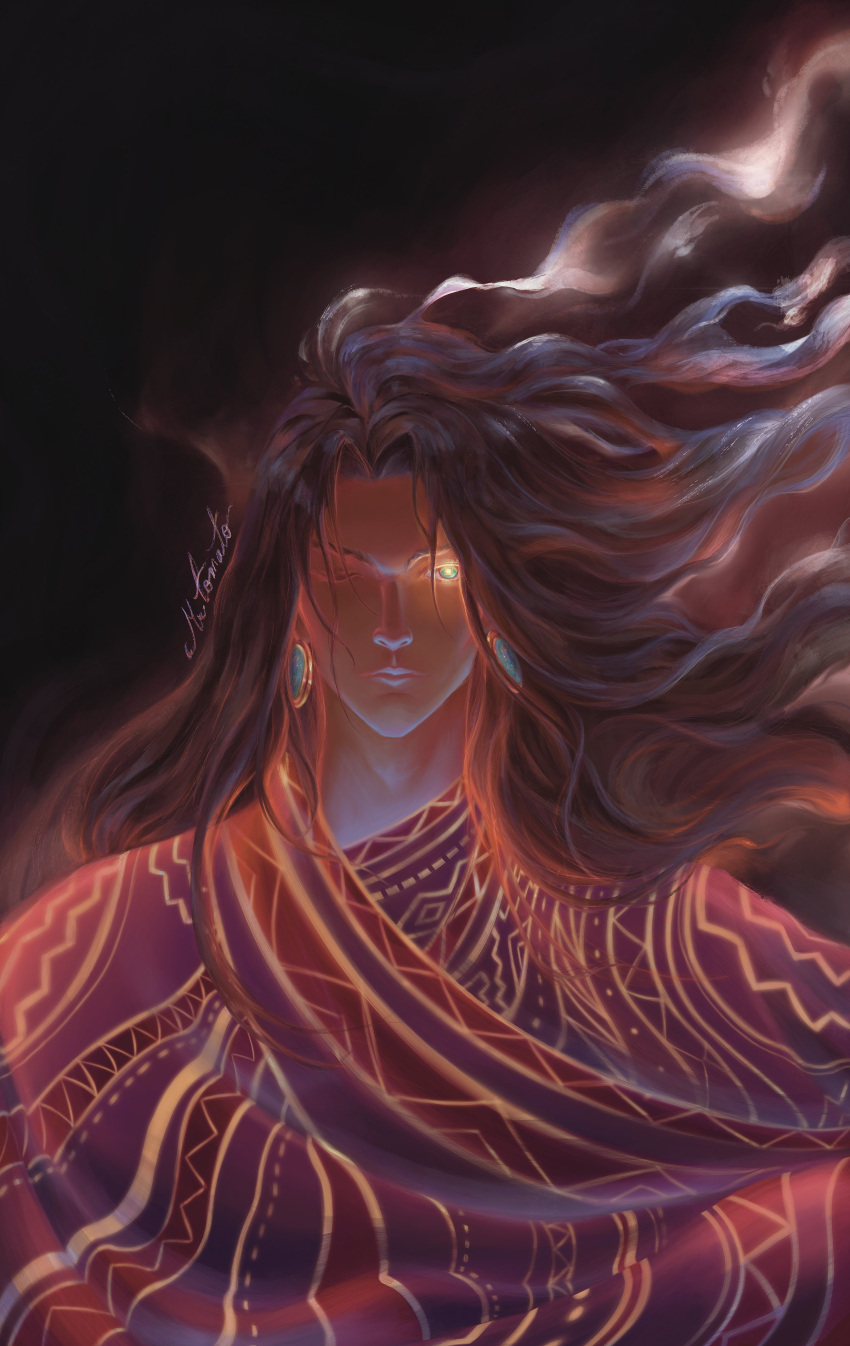 1boy, absurdres, apukunapa_kutimuynin, black_hair, dark-skinned_male, dark_skin, earrings, glowing, glowing_eyes, highres, inti_(apukunapa_kutimuynin), jewelry, long_hair, one_eye_closed, red_robe, robe, solo, yellow_eyes