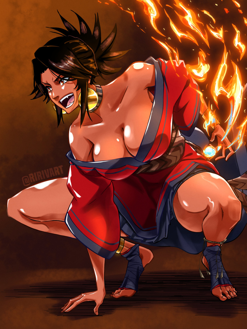 1girl, absurdres, apukunapa_kutimuynin, black_hair, bracelet, breasts, choker, dark-skinned_female, dark_skin, dress, earrings, fire, highres, jewelry, large_breasts, nina_(apukunapa_kutimuynin), off-shoulder_dress, off_shoulder, ponytail, red_dress, ririvart, squatting