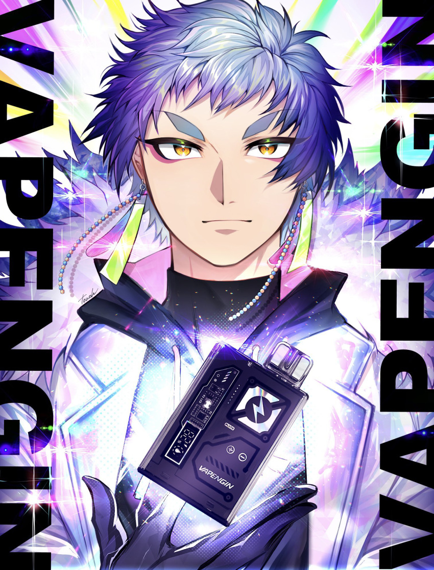 1boy, ad, black_gloves, black_shirt, blue_hair, earrings, electronic_cigarette, floating
