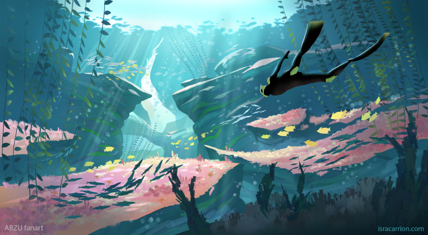 1other, abzu, air_bubble, bubble, coral, dappled_sunlight, diver_(abzu), diving_suit