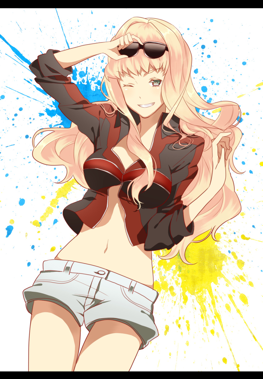blonde_hair, blue_eyes, grin, highres, jacket, kouichirou, letterboxed, long_hair