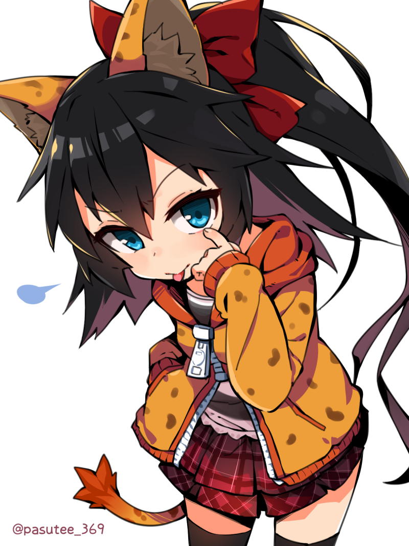 1girl, :p, akanbe, animal_ears, balulu_alma, black_hair, black_thighhighs, blue_eyes