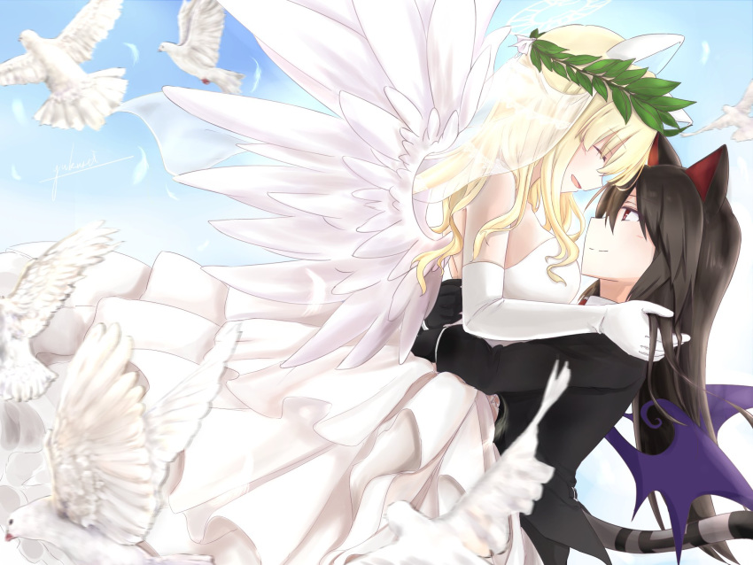 2girls, animal_ears, artist_name, bare_shoulders, bat_wings, bird, black_gloves, black_hair, black_suit, black_wings, blonde_hair, blue_sky, breasts, cat_ears, cat_girl, cat_tail, closed_eyes, dress, elbow_gloves, emil_chronicle_online, from_side, gloves, highres, hug, large_breasts, long_hair, multiple_girls, mutual_hug, nekomata_kuro, nekomata_shiro, open_mouth, pigeon, reverse_trap, signature, sky, suit, tail, violet_eyes, wedding_dress, white_dress, white_gloves, white_wings, wings, yukuri, yuri