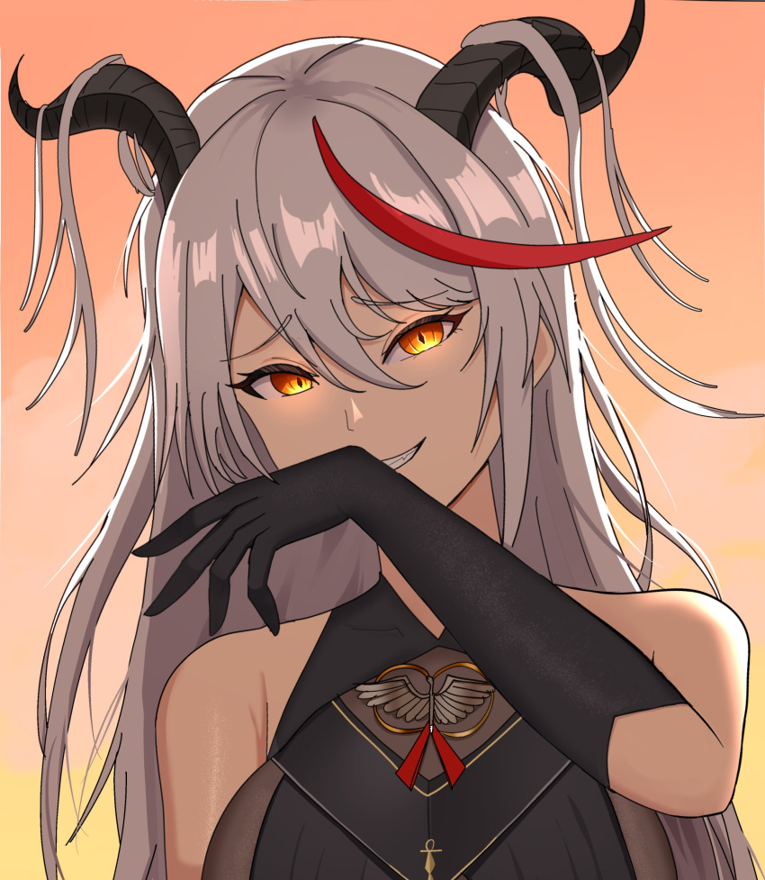aegir_(azur_lane), azur_lane, backlighting, highres, horns, twilight, upper_body, white_hair