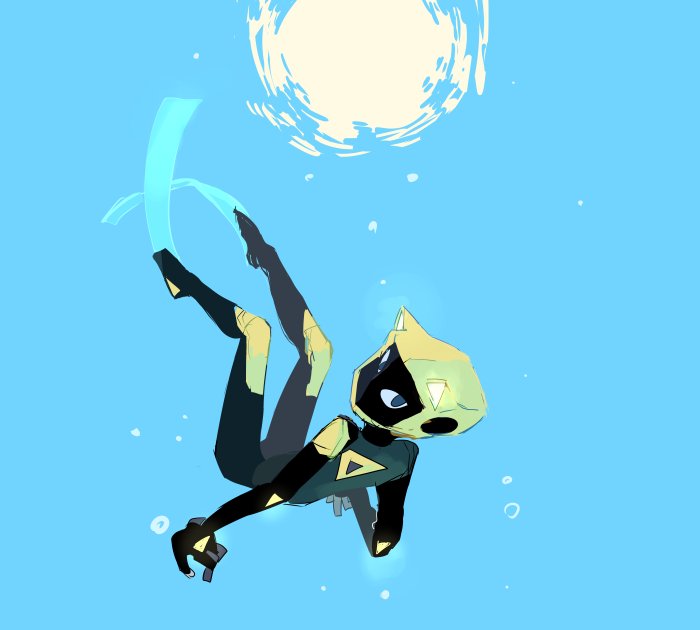 1other, abzu, air_bubble, black_eyes, blue_background, bodysuit, bubble, diver_(abzu)