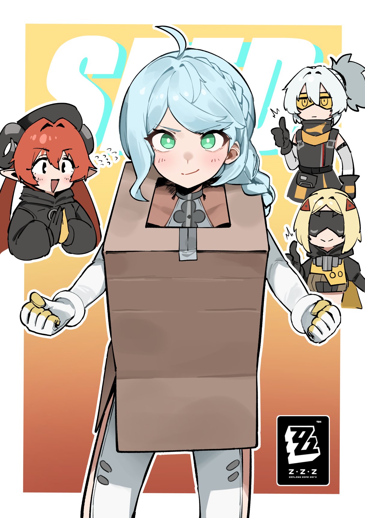 4girls, ahoge, aqua_eyes, aqua_hair, black_gloves, blonde_hair, blue_hair, box
