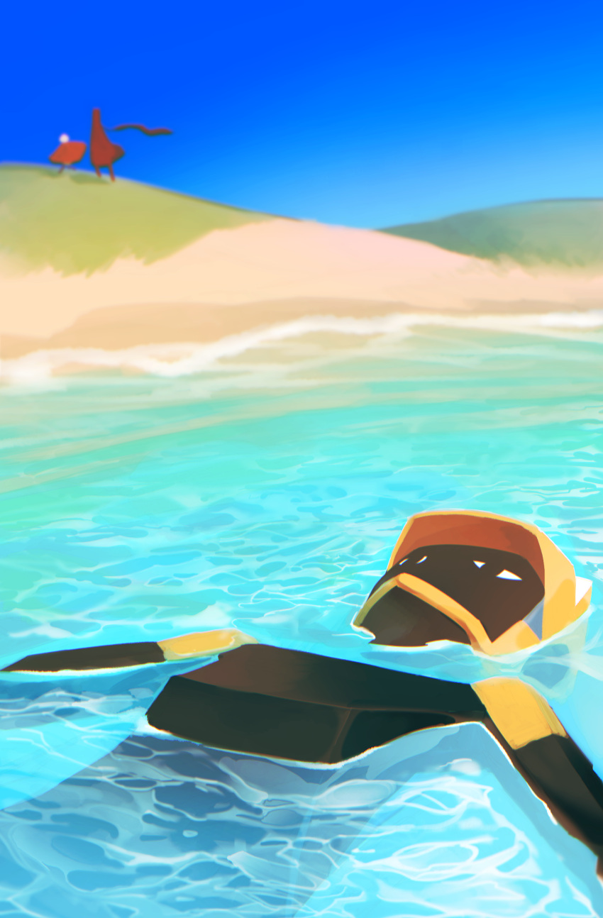 3others, absurdres, abzu, afloat, black_eyes, blue_sky, caustics, crossover