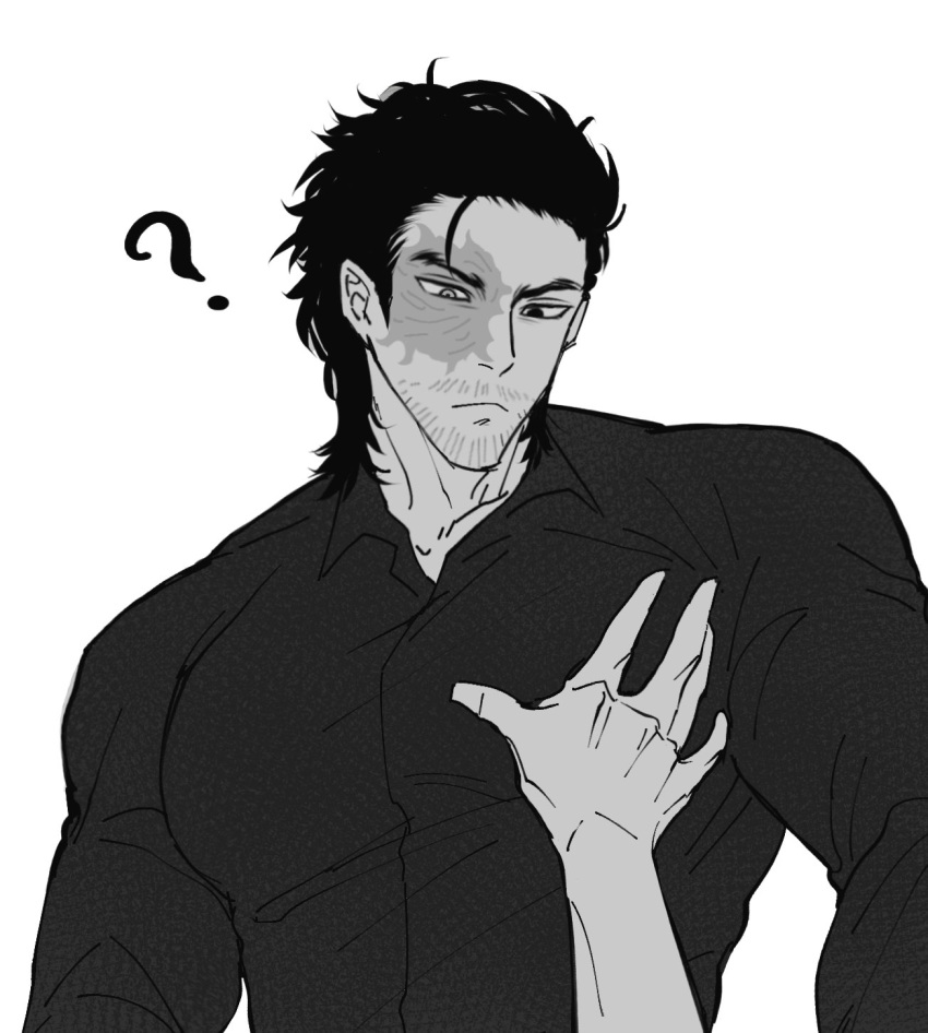 1boy, ?, beard_stubble, black_hair, black_shirt, collared_shirt, facial_hair, greyscale