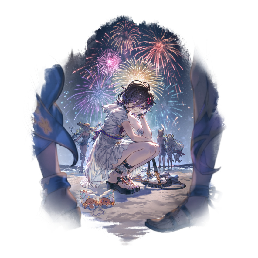 1boy, 5girls, aliza_(granblue_fantasy), aliza_(summer)_(granblue_fantasy), animal_ears, beach, black_hair, blue_hair, bracelet, clenched_teeth, draph, erune, fireworks, granblue_fantasy, hair_ornament, hairclip, hat, heart, hermit_crab, horns, jewelry, lich_(granblue_fantasy), lich_(summer)_(granblue_fantasy), long_hair, lyria_(granblue_fantasy), minaba_hideo, multiple_girls, official_art, sandals, scowl, short_hair, silva_(granblue_fantasy), silva_(summer)_(granblue_fantasy), squatting, stan_(granblue_fantasy), sun_hat, teeth, tweyen_(eternal's_summer_vacation)_(granblue_fantasy), tweyen_(granblue_fantasy), violet_eyes