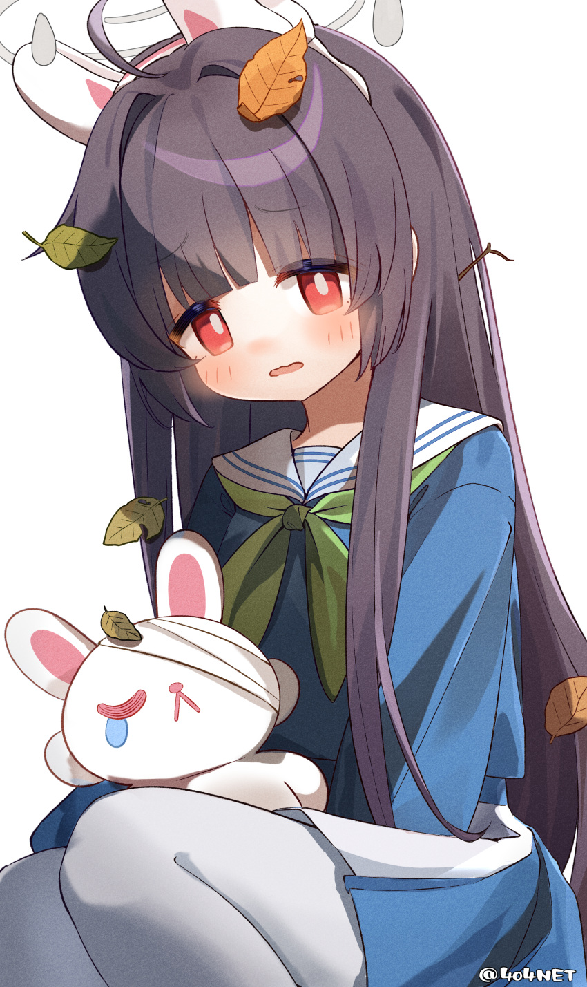 1girl, 404net, absurdres, animal_ear_hairband, animal_ears, artist_name, bandages, blue_archive, blue_serafuku, blue_shirt, blue_skirt, blunt_bangs, blush, branch, branch_in_hair, bright_pupils, commentary, eyes_visible_through_hair, fake_animal_ears, green_neckerchief, grey_hair, grey_halo, hairband, halo, highres, leaf, leaf_on_head, long_hair, long_sleeves, looking_at_viewer, miyu_(blue_archive), neckerchief, pantyhose, parted_lips, pleated_skirt, rabbit_ear_hairband, rabbit_ears, red_eyes, sailor_collar, sailor_shirt, school_uniform, serafuku, shirt, sidelocks, simple_background, sitting, skirt, solo, stuffed_animal, stuffed_rabbit, stuffed_toy, very_long_hair, wavy_mouth, white_background, white_hairband, white_pantyhose, white_pupils, white_sailor_collar