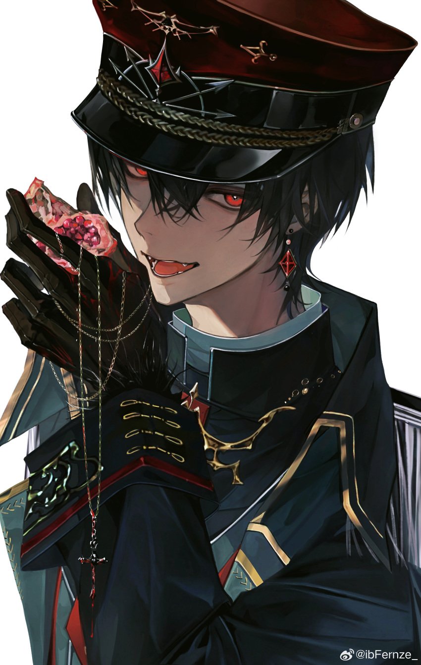 1boy, :d, absurdres, ambiguous_red_liquid, ayn_alwyn, ayn_alwyn_(infinite_empire), black_gloves, black_hair