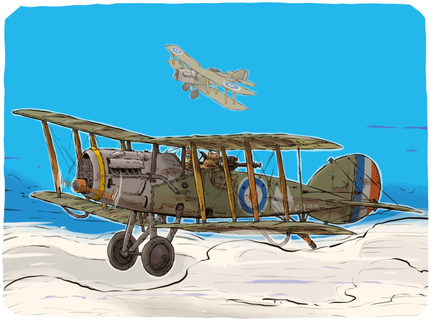 2boys, above_clouds, aircraft, aircraft_turret, airplane, biplane, blue_sky, cat_boy