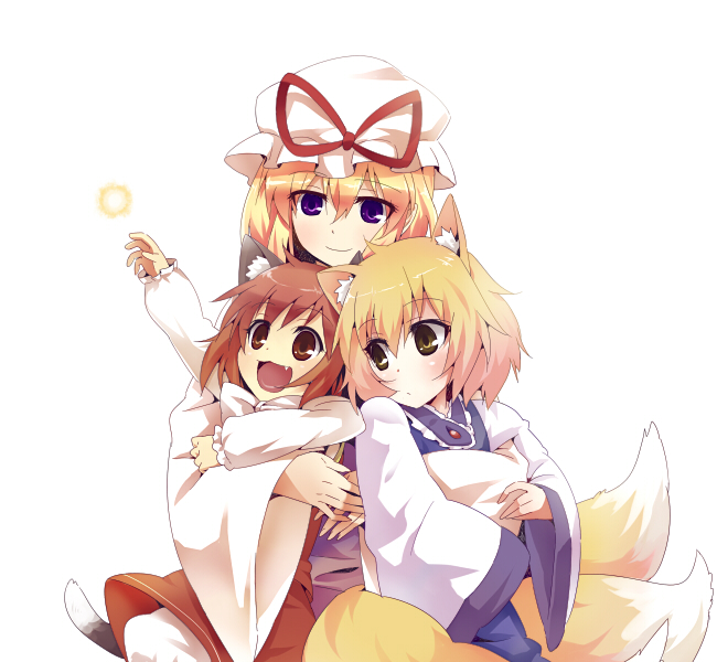 animal_ears, blonde_hair, brown_eyes, brown_hair, cat_ears, chen, chibi, fox_ears, fox_tail, manekinukotei, multiple_girls, purple_eyes, tail, touhou, violet_eyes, yakumo_ran, yakumo_yukari, yellow_eyes