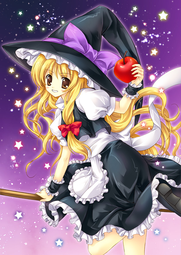 apple, blonde_hair, braid, brown_eyes, food, fruit, fukaseayaka, hat