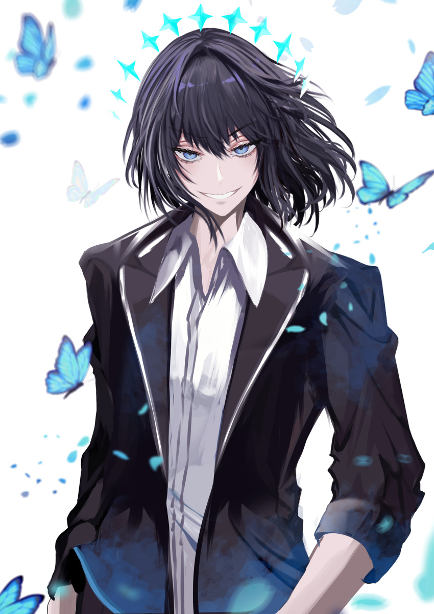 1boy, absurdres, antinese, arm_at_side, black_hair, black_jacket, blue_butterfly, blue_crown, blue_eyes, bob_cut, bug, butterfly, collared_shirt, commentary, cowboy_shot, crown, fate/grand_order, fate_(series), grin, hair_intakes, highres, jacket, lapels, long_sleeves, looking_at_viewer, male_focus, notched_lapels, oberon_(fate), oberon_(fgo_fes._2025)_(fate), open_clothes, open_collar, open_jacket, shirt, short_hair, simple_background, smile, solo, standing, white_background, white_shirt, wing_collar