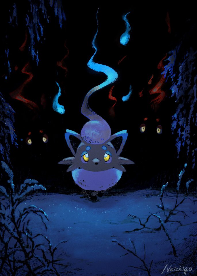 alternate_color, branch, commentary_request, dark, glowing, glowing_eyes, hisuian_zorua, hitodama