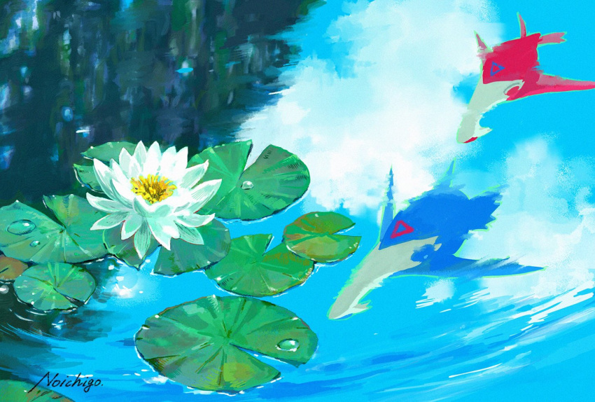 blue_sky, clouds, commentary_request, day, flower, latias, latios, lily_pad