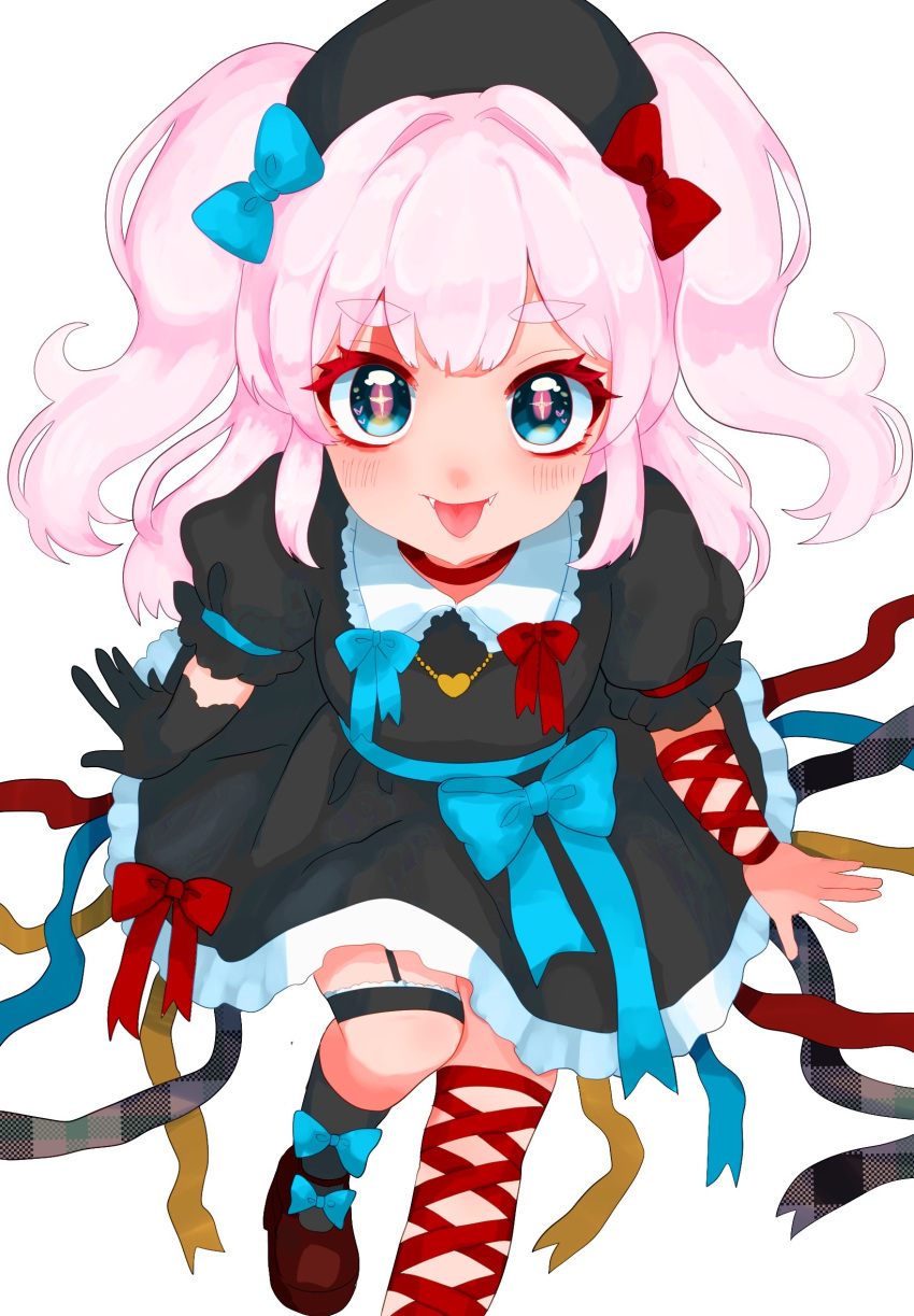 black_hat, blue_eyes, hair_ribbon, hat, highres, nori_chi_(norichick3n), original, pink_hair, ribbon, smile, symbol-shaped_pupils, tongue, tongue_out, twintails