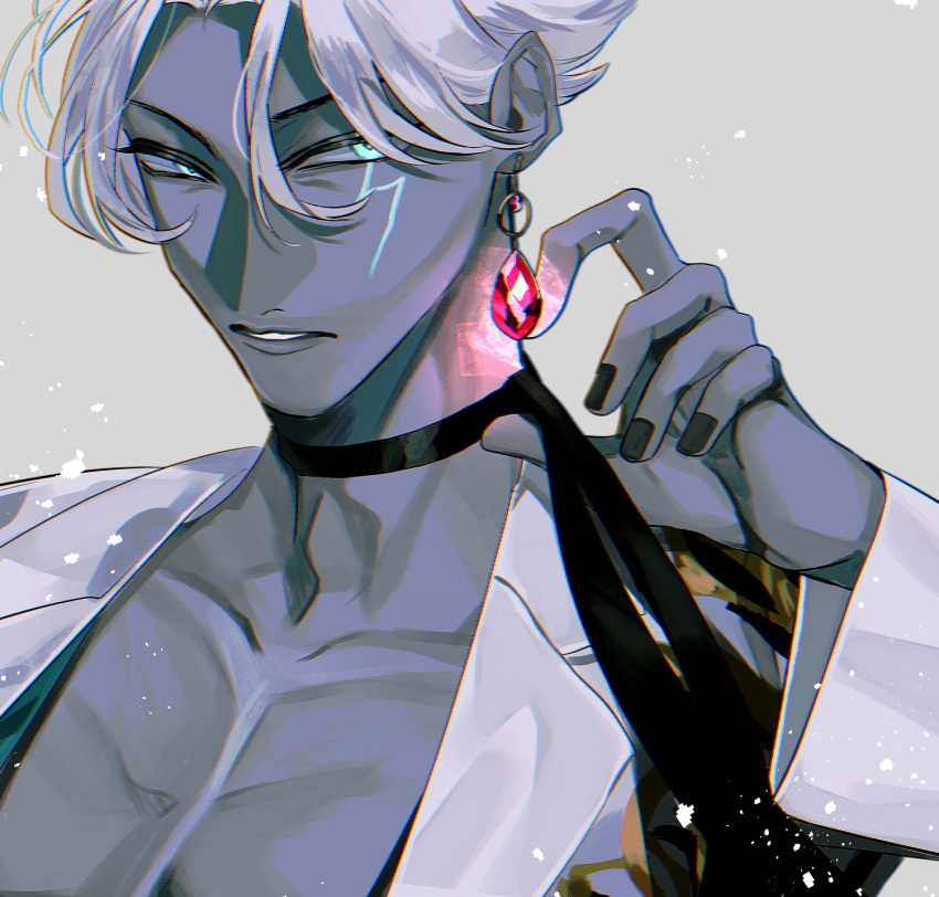 1boy, black_nails, blue_eyes, choker, colored_skin, dark-skinned_male, dark_skin, earrings