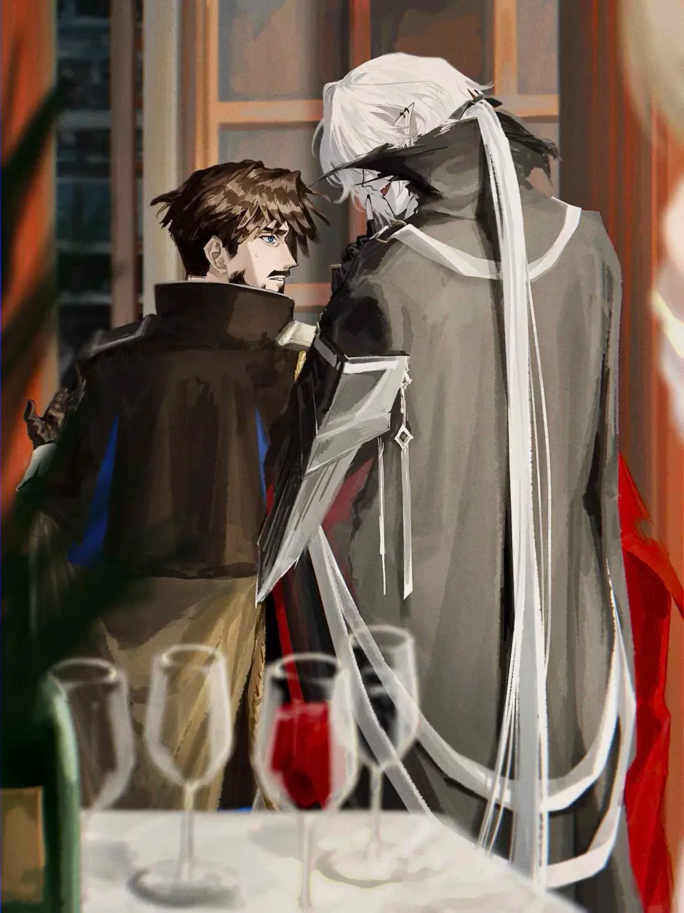 2boys, alcohol, arknights, bad_source, beard, black_cape, blue_eyes, brown_hair