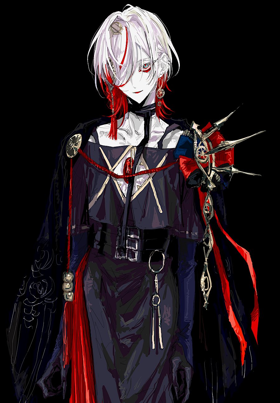 1boy, black_background, blue_eyes, chest_jewel, cowboy_shot, earrings, eyeshadow, eyeshadow_under_eye, fate/grand_order, fate_(series), hair_ornament, highres, jewelry, karna_(fate), karna_(fgo_fes._2025)_(fate), looking_at_viewer, makeup, male_focus, medium_hair, multicolored_hair, multiple_earrings, ngg_n, pale_skin, red_eyeshadow, red_hair, simple_background, smile, solo, two-tone_hair, white_hair