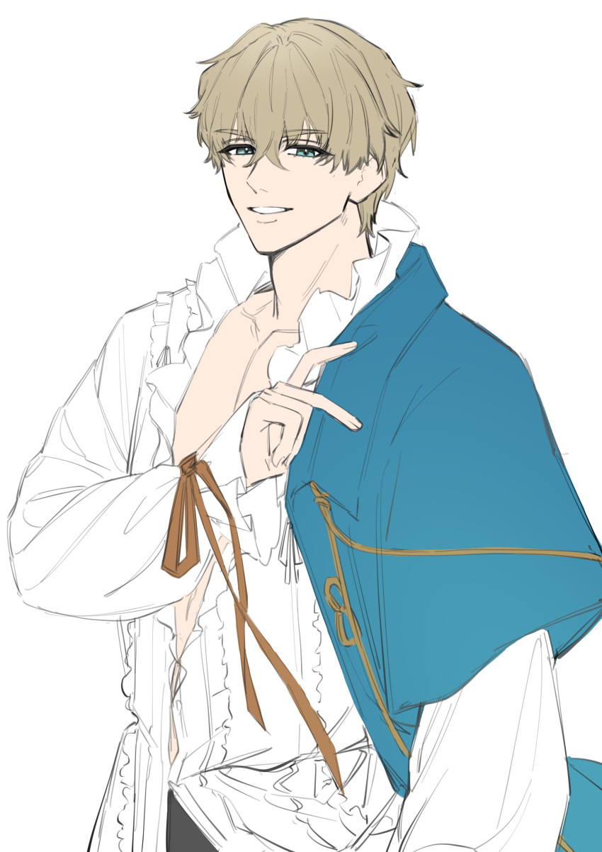 1boy, absurdres, blonde_hair, blue_eyes, fate/grand_order, fate_(series), frilled_shirt, frills, gawain_(fate), gawain_(fgo_fes._2025)_(fate), henatyoko_desu, highres, long_sleeves, looking_at_viewer, male_focus, open_mouth, shirt, short_hair, simple_background, smile, solo, upper_body, white_background, white_shirt