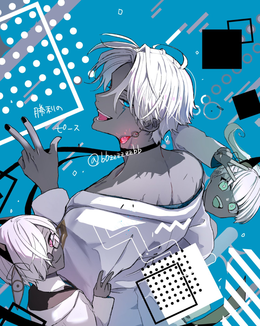 1girl, 2boys, blue_eyes, boy_vajra_(fgo_fes._2025)_(fate), choker, colored_skin, dark-skinned_male, dark_skin