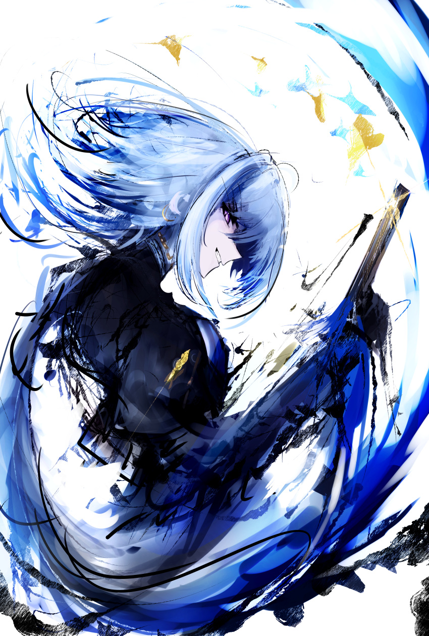 1girl, absurdres, black_gloves, black_jacket, blue_hair, commentary, cropped_jacket, earrings