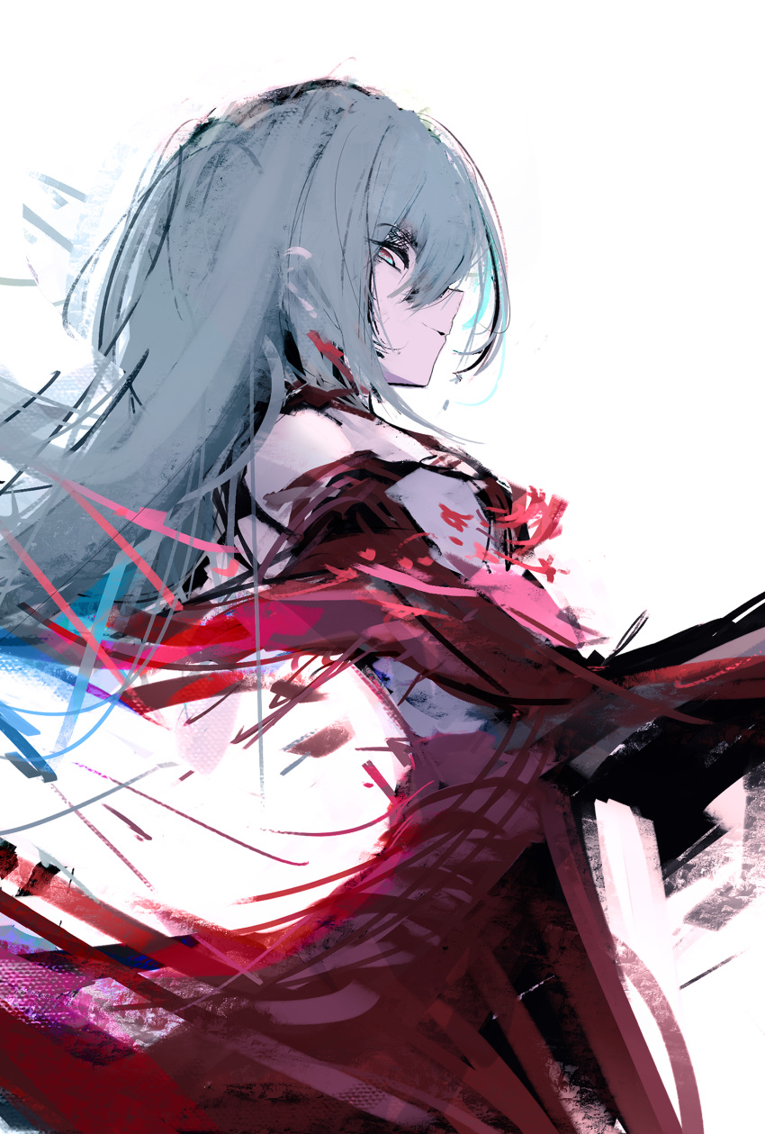 1girl, absurdres, bare_shoulders, closed_mouth, commentary, dress, from_side, grey_hair