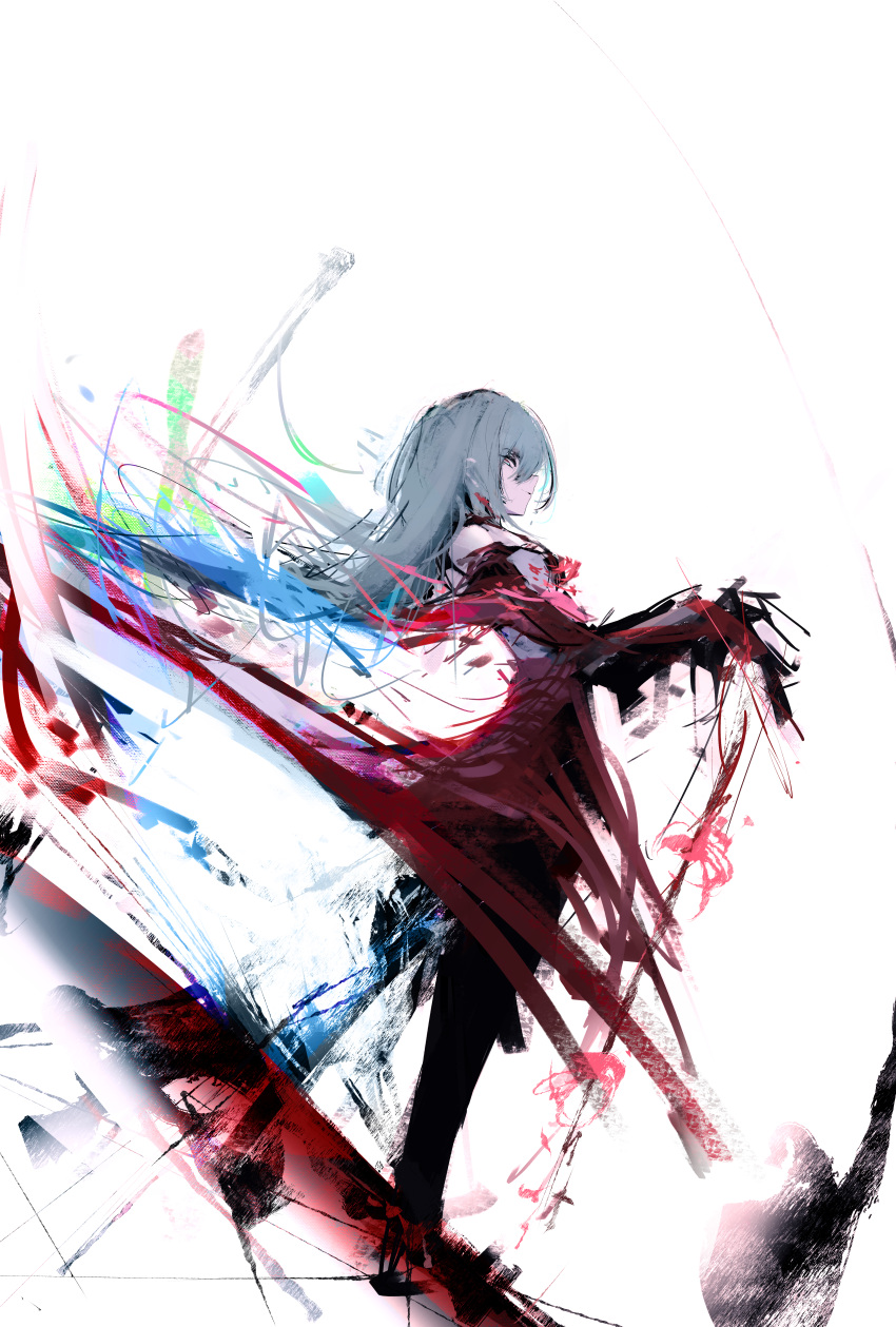 1girl, absurdres, bare_shoulders, closed_mouth, commentary, dress, from_side, full_body