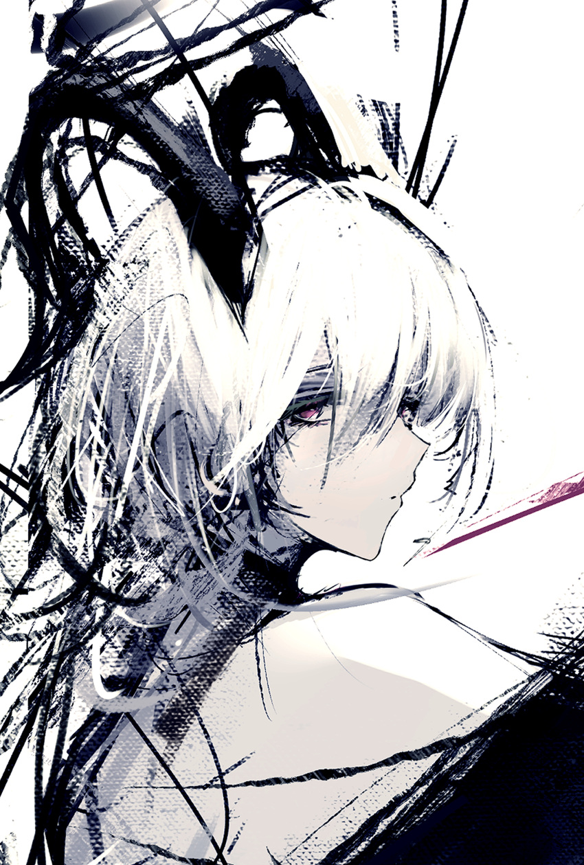 1girl, absurdres, black_horns, closed_mouth, commentary, curled_horns, from_side, hair_between_eyes, highres, horns, long_hair, looking_at_viewer, looking_to_the_side, lue_(llue_l), portrait, red_eyes, solo, white_hair, wuthering_waves, zani_(wuthering_waves)