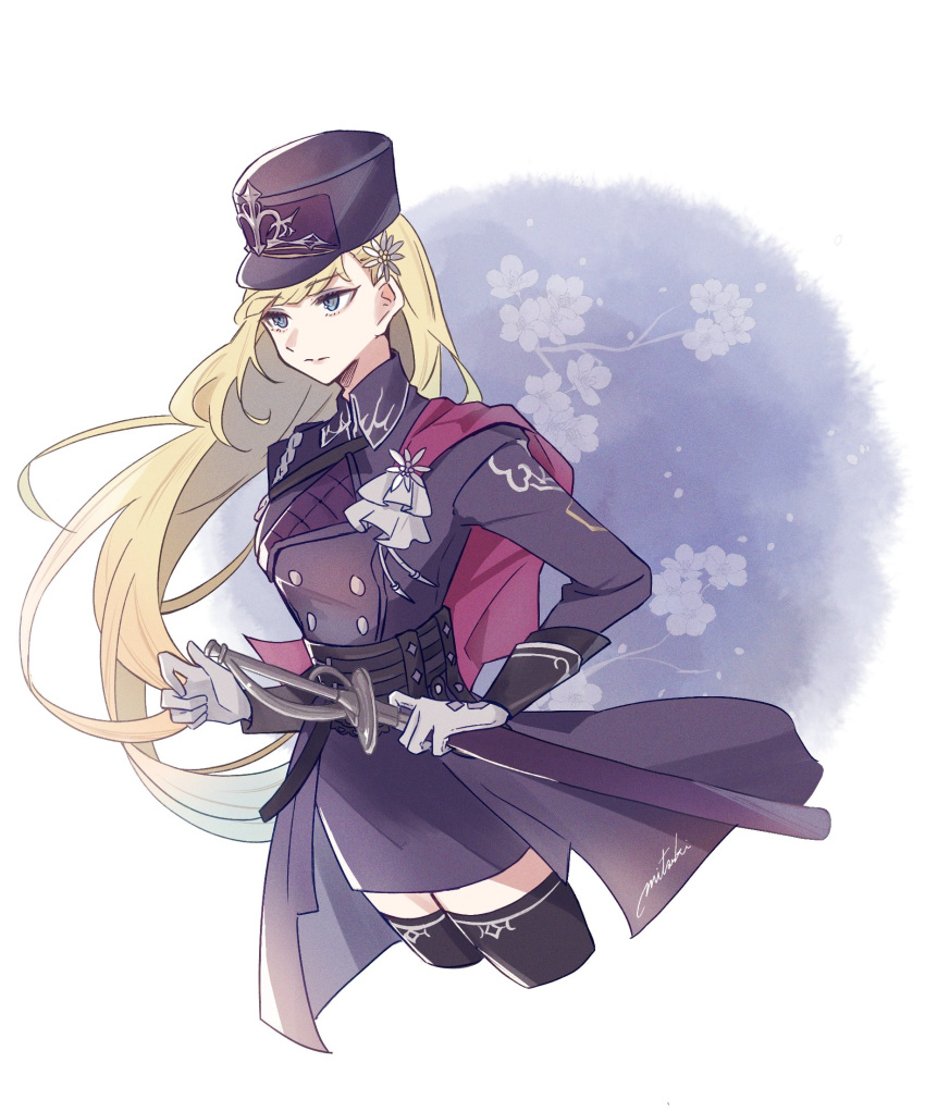 1girl, ascot, black_hat, blonde_hair, blue_eyes, buttons, clarice_(rune_factory), closed_mouth