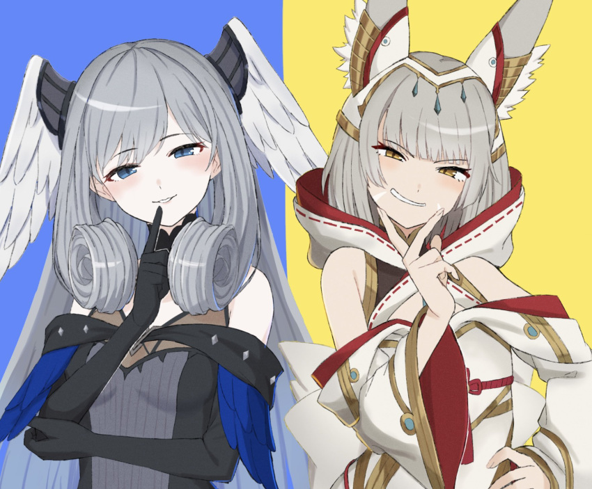 2girls, animal_ear_fluff, animal_ears, black_gloves, blue_background, blue_eyes, blunt_ends, cat_ears