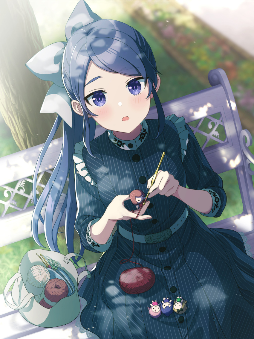 1girl, absurdres, artist_request, bag, blue_hair, blurry, blurry_background, bow