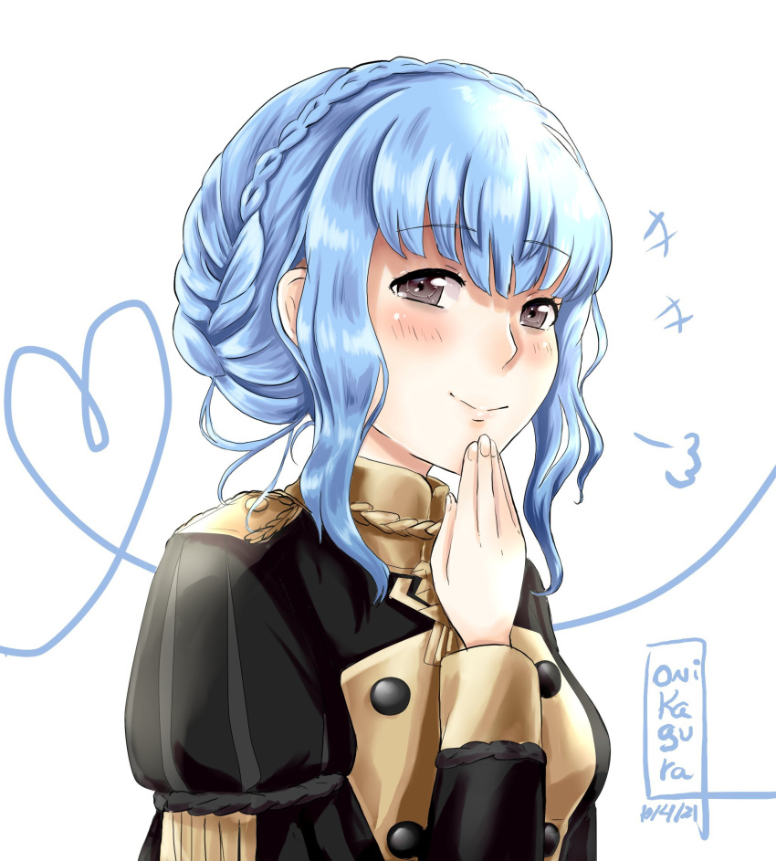 +++, 1girl, blue_hair, braid, breasts, brown_eyes, closed_mouth, commentary